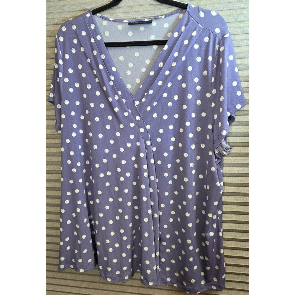 Lane Bryant Top PLus Size 22 24 22/24 Purple Polka Dot V-Neck Short Slv Blouse